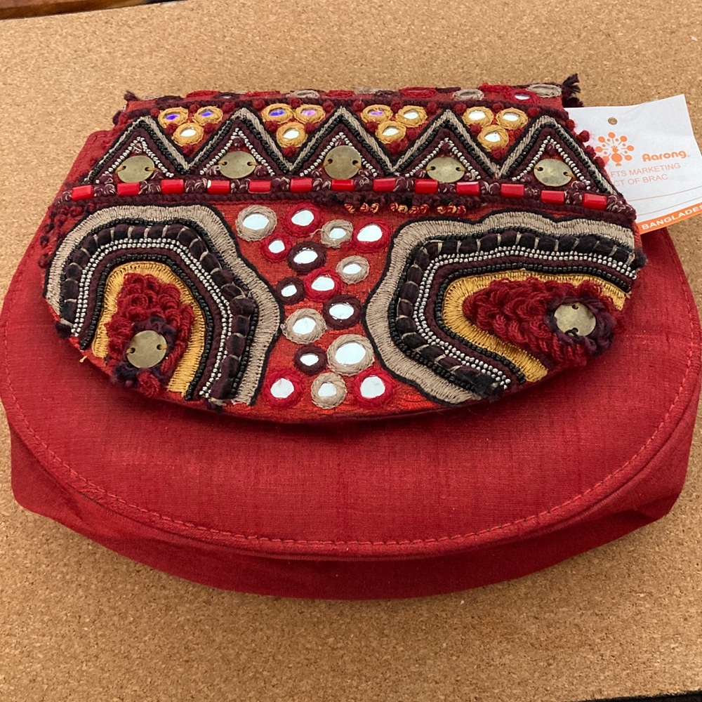 NWT Handcrafted Red Embroidered embellished Clutch Aarong boho artsy